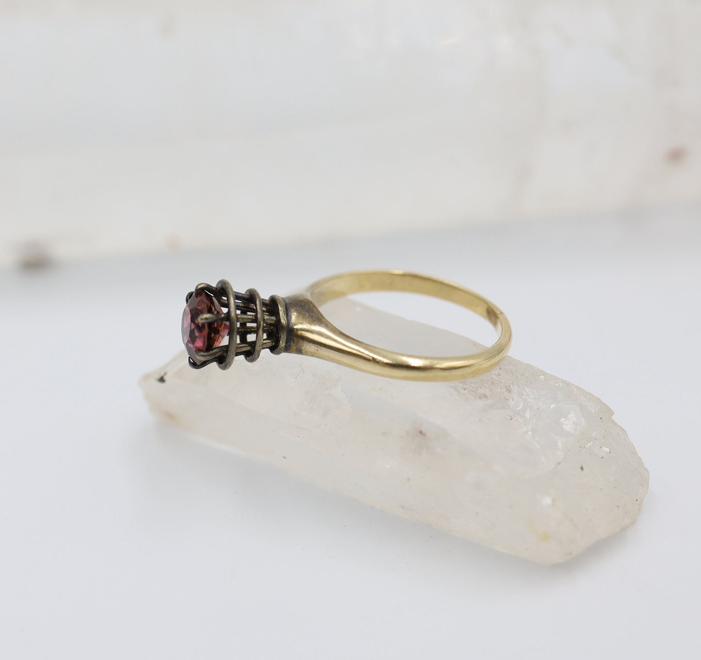 Garnet Spiral Solitaire Ring in 14k Yellow Gold & Silver / Space Age Ring / World's Fair Ring -DK317