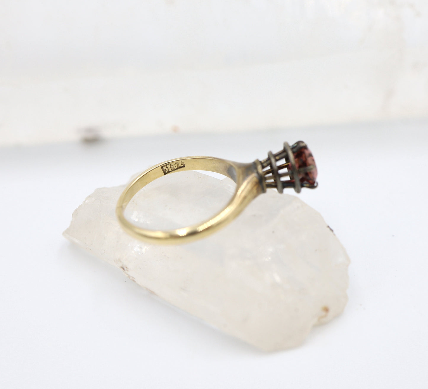 Garnet Spiral Solitaire Ring in 14k Yellow Gold & Silver / Space Age Ring / World's Fair Ring -DK317