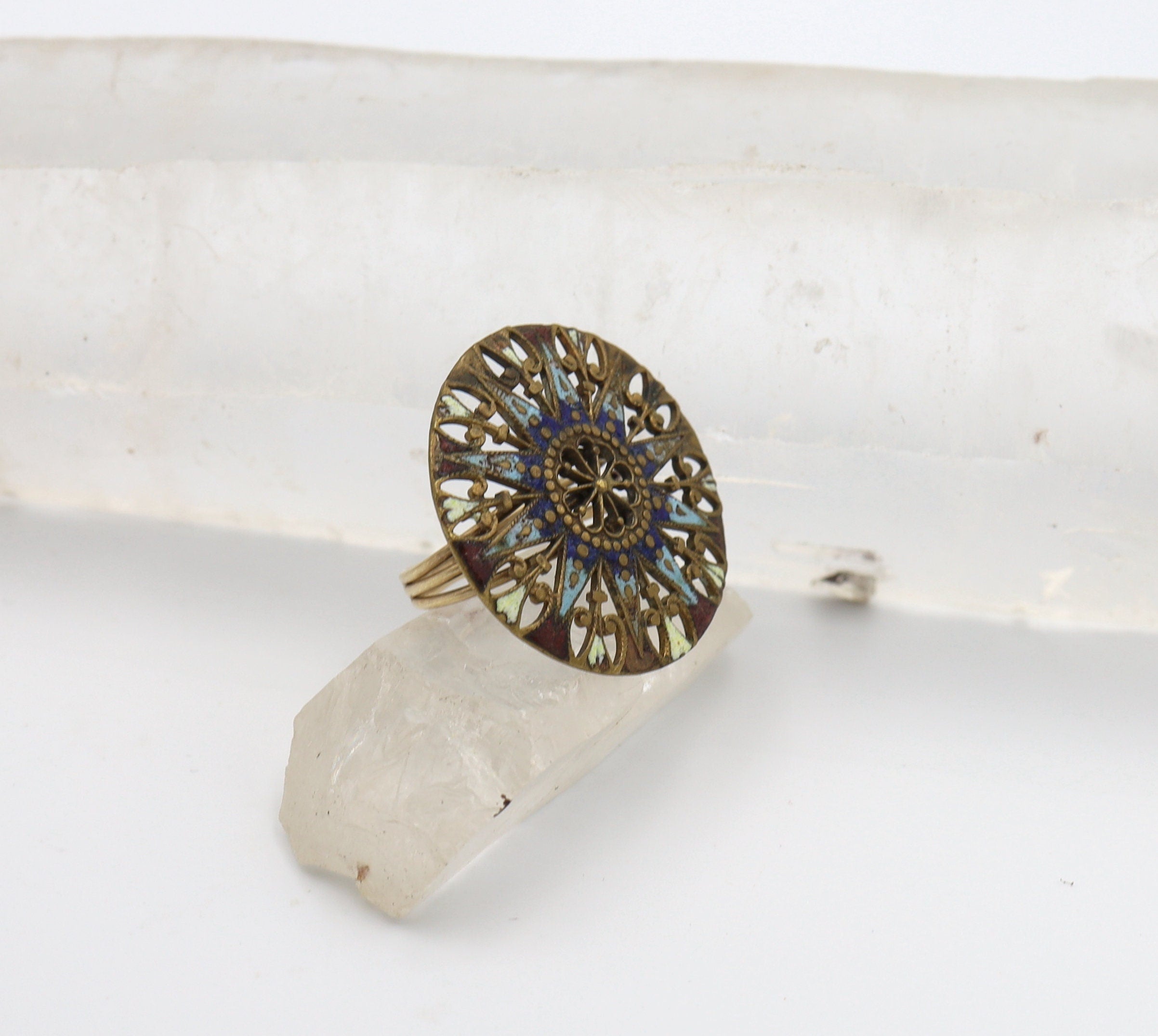 Vintage Enamel Ring with 14k Yellow Gold Band and Base Metal Top- JL1332 - Petra Star