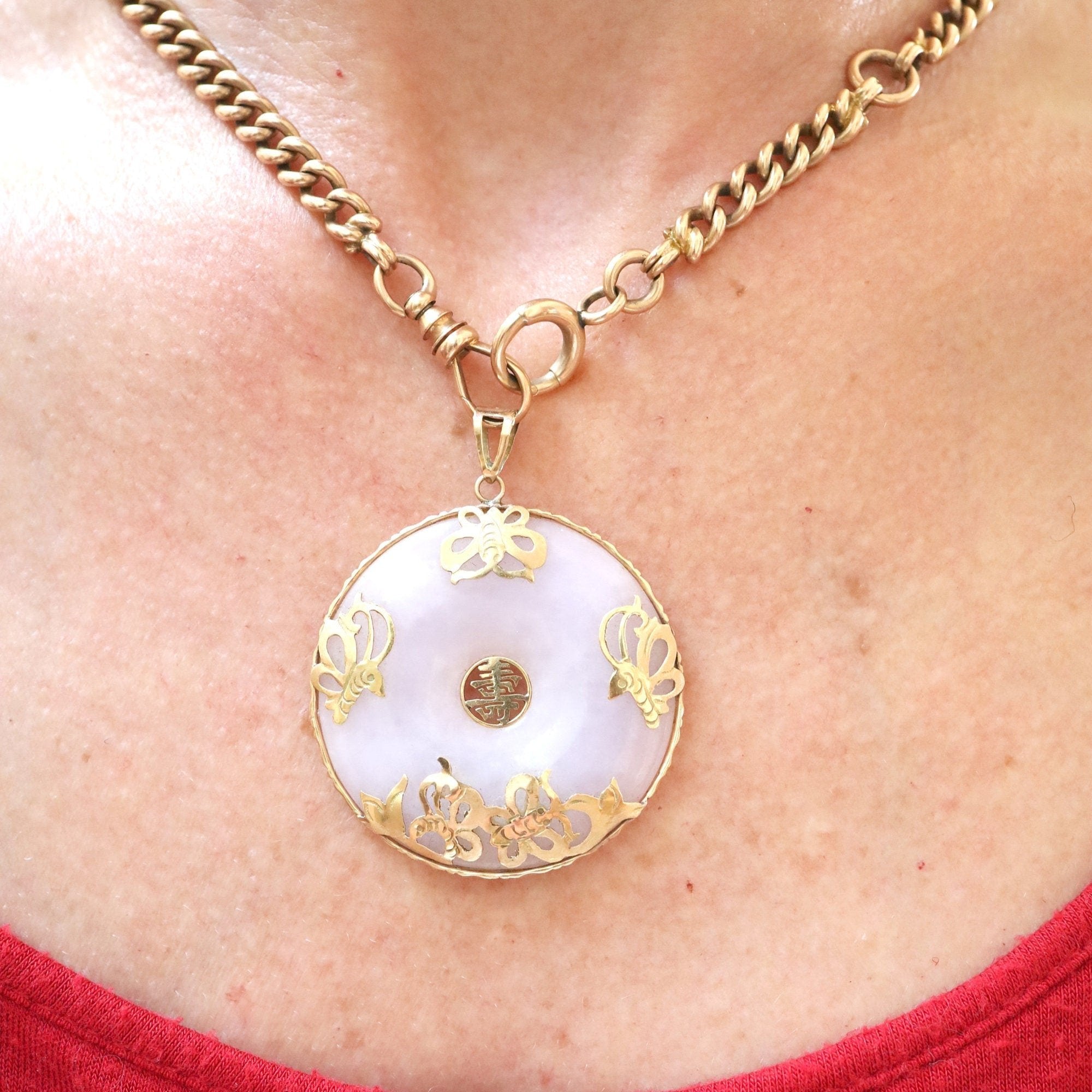 Lavender Jade Pi with Gold Shou Pendant in 14k yellow gold / Jade Butterfly Pendant - JL1111 - Petra Star