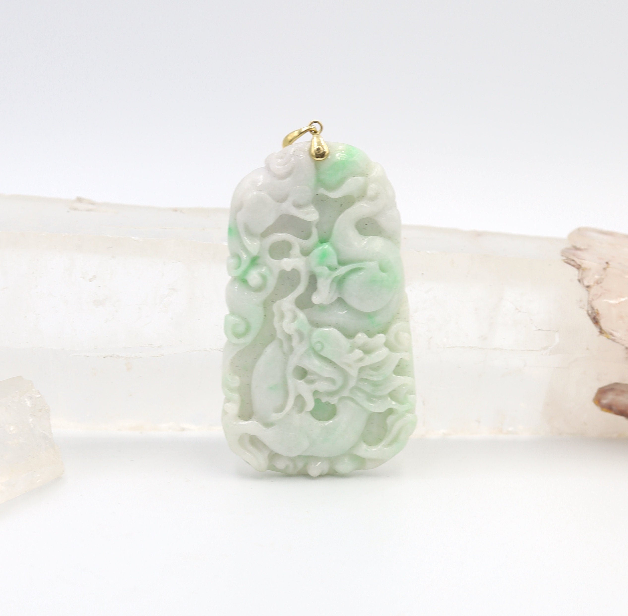 Large Carved Dragon White & Light Green Jade Pendant with 14k Yellow Gold Bail - JL1020 - Petra Star