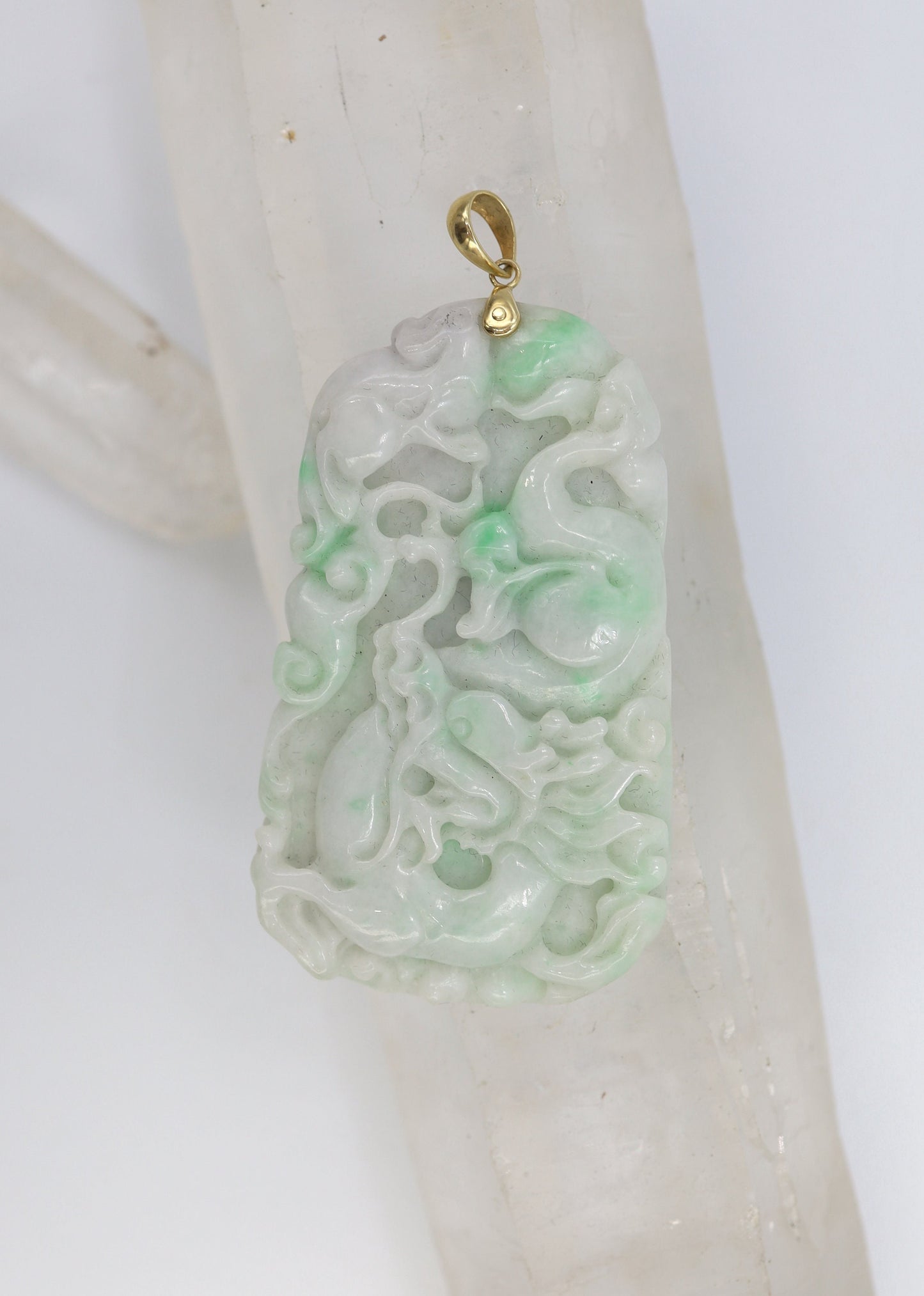 Large Carved Dragon White & Light Green Jade Pendant with 14k Yellow Gold Bail - JL1020