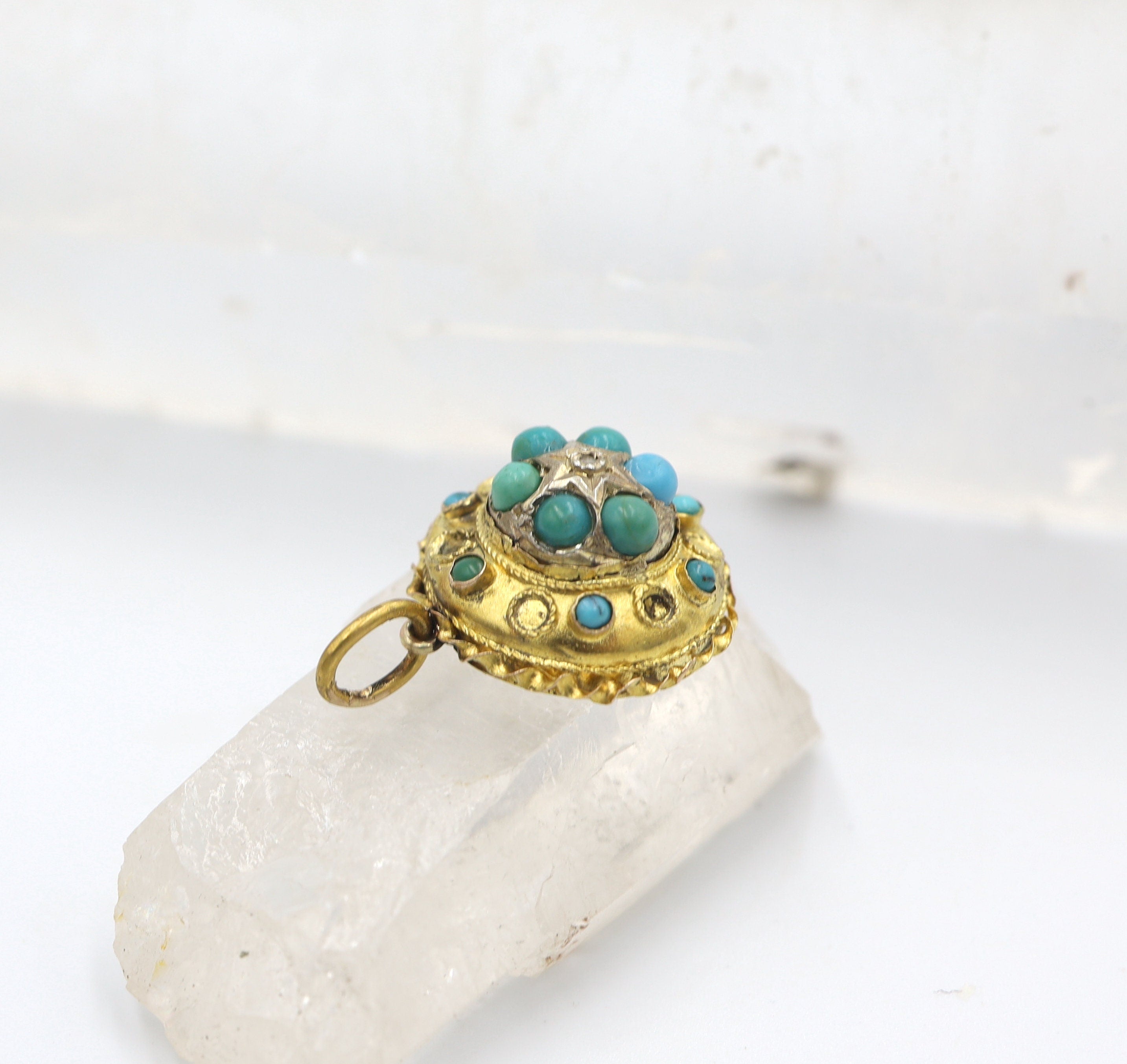 Etruscan Revival turquoise and diamond charm pendant in 15k yellow gold, featuring intricate design and vintage craftsmanship