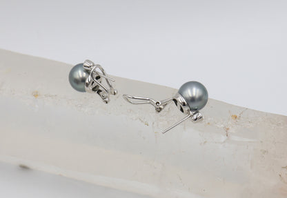 10.5 MM Tahitian Pearl & Diamond Earrings in 18k White Gold 2=0.23 cts