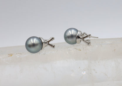 10.5 MM Tahitian Pearl & Diamond Earrings in 18k White Gold 2=0.23 cts