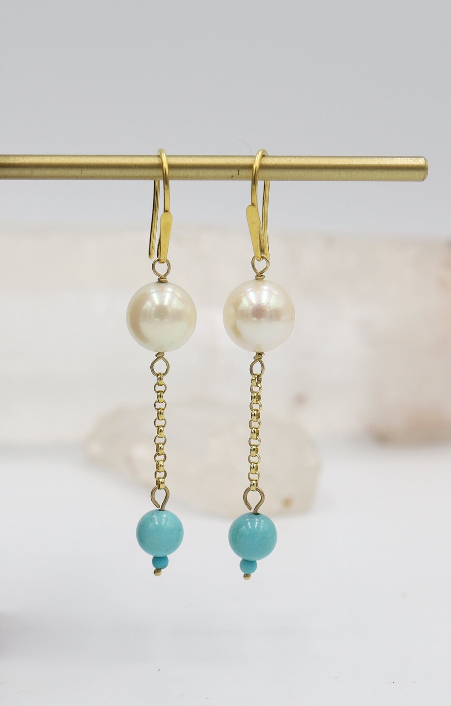 Elegant Pearl and Turquoise Drop Earrings in Deep, Rich 14k Yellow Gold- JL1347