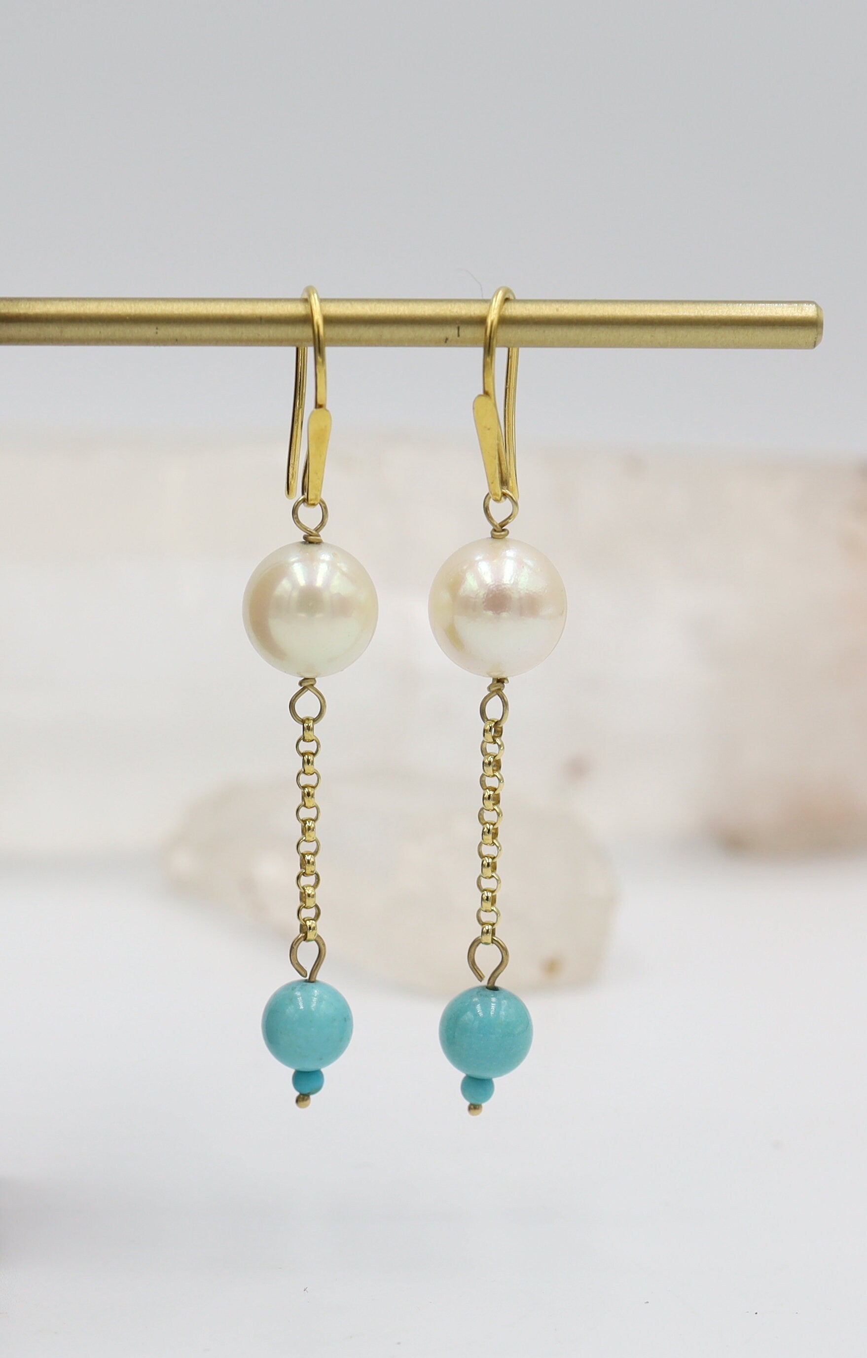 Elegant Pearl and Turquoise Drop Earrings in Deep, Rich 14k Yellow Gold- JL1347 - Petra Star