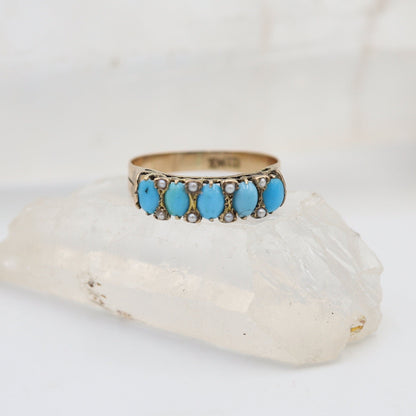 Victorian Half Hoop Turquoise Band in 14k Rose Gold with Pearls - JL1412