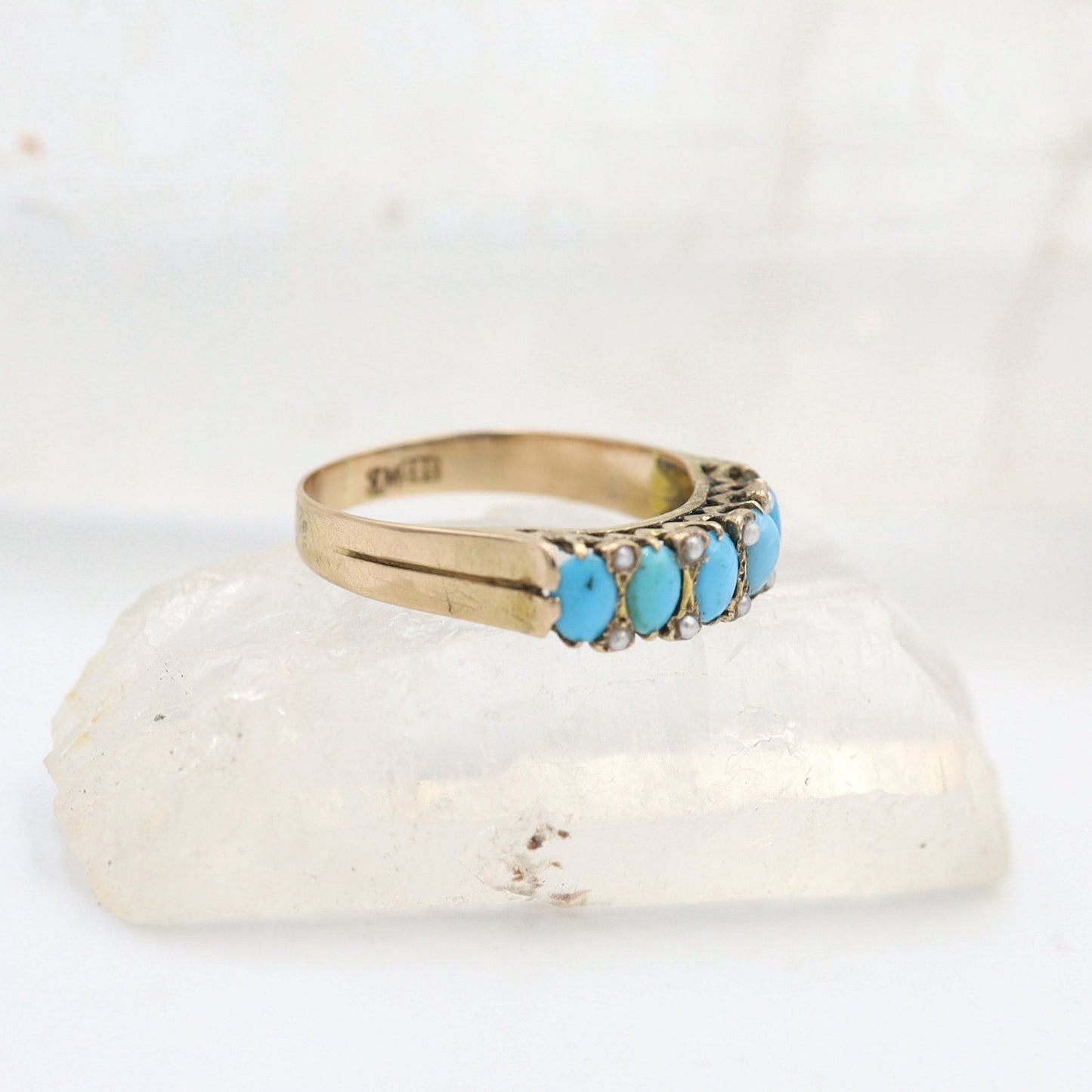 Victorian Half Hoop Turquoise Band in 14k Rose Gold with Pearls - JL1412