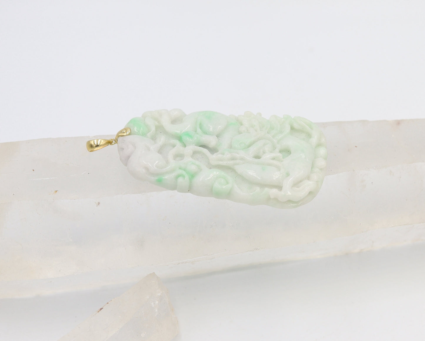 Large Carved Dragon White & Light Green Jade Pendant with 14k Yellow Gold Bail - JL1020