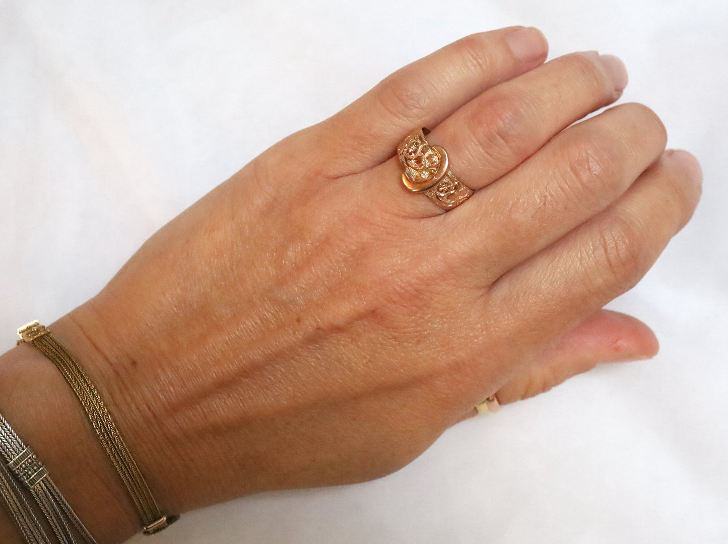 Victorian Buckle Ring Circa 1856 / 9k Pink Gold English Hallmarked Buckle Band Finger Size 6.75 - JL1605