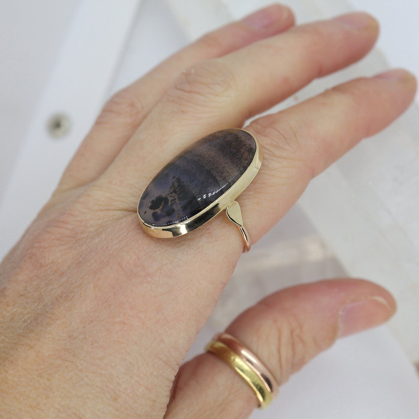 Ginormous Victorian Dendritic Agate Ring / Oval Moss Agate 10k Gold Ring - JL1136