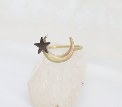 Victorian Crescent Moon and Star Conversion Ring in 14k Gold -JL853