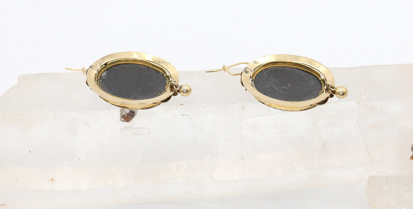 Large Victorian Pietra Dura Earrings in 14k Yellow Gold  - JL1635