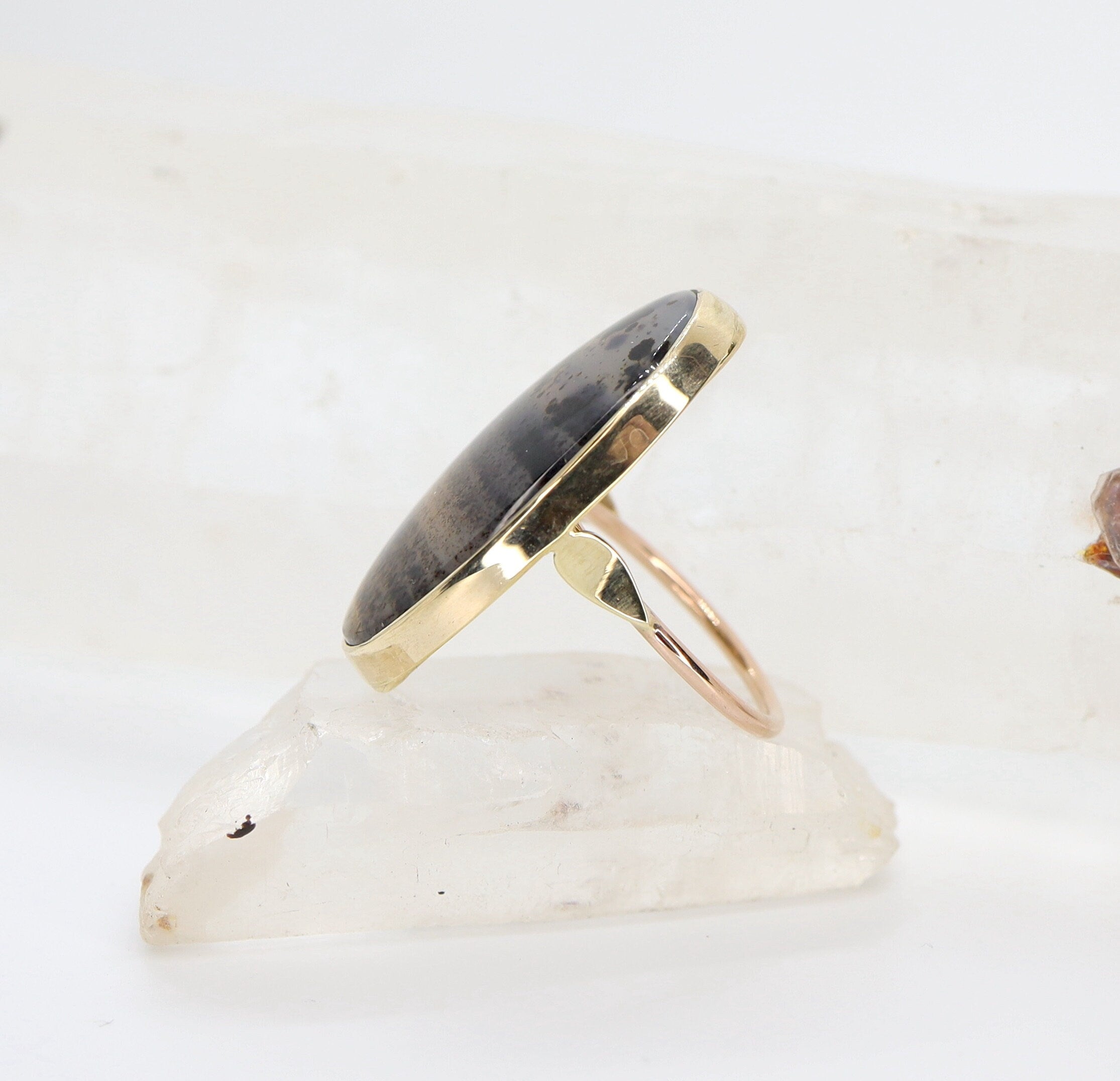Victorian Dendritic Agate ring by The Vintage Vault featuring a large, intricate dendritic pattern on a silver band.