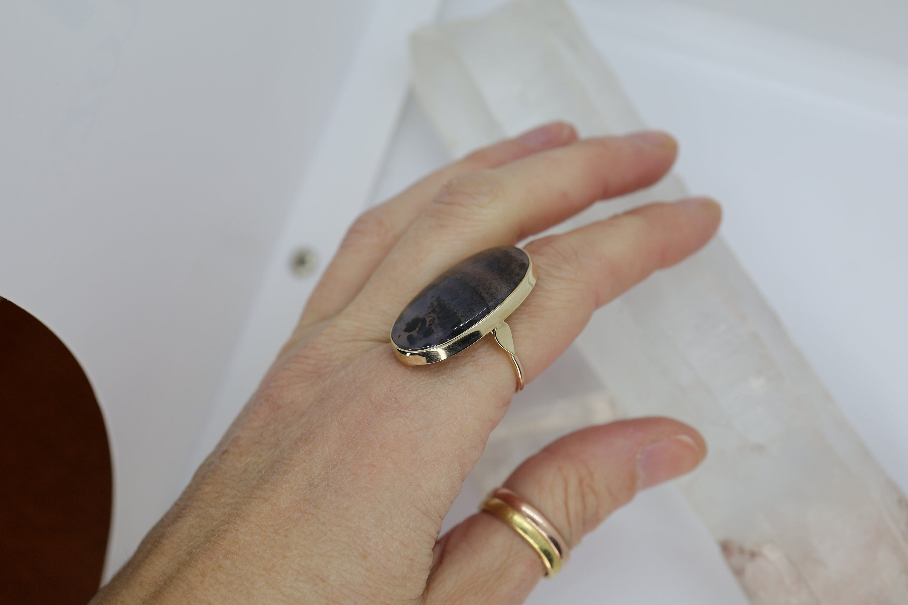 Large Victorian Dendritic Agate ring from The Vintage Vault, featuring intricate dendritic patterns on a polished band.