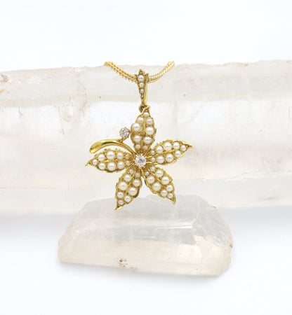 Victorian Diamond & Pearl Pendant / Pendant Brooch in 15k Yellow Gold Flower Pendant - DK585