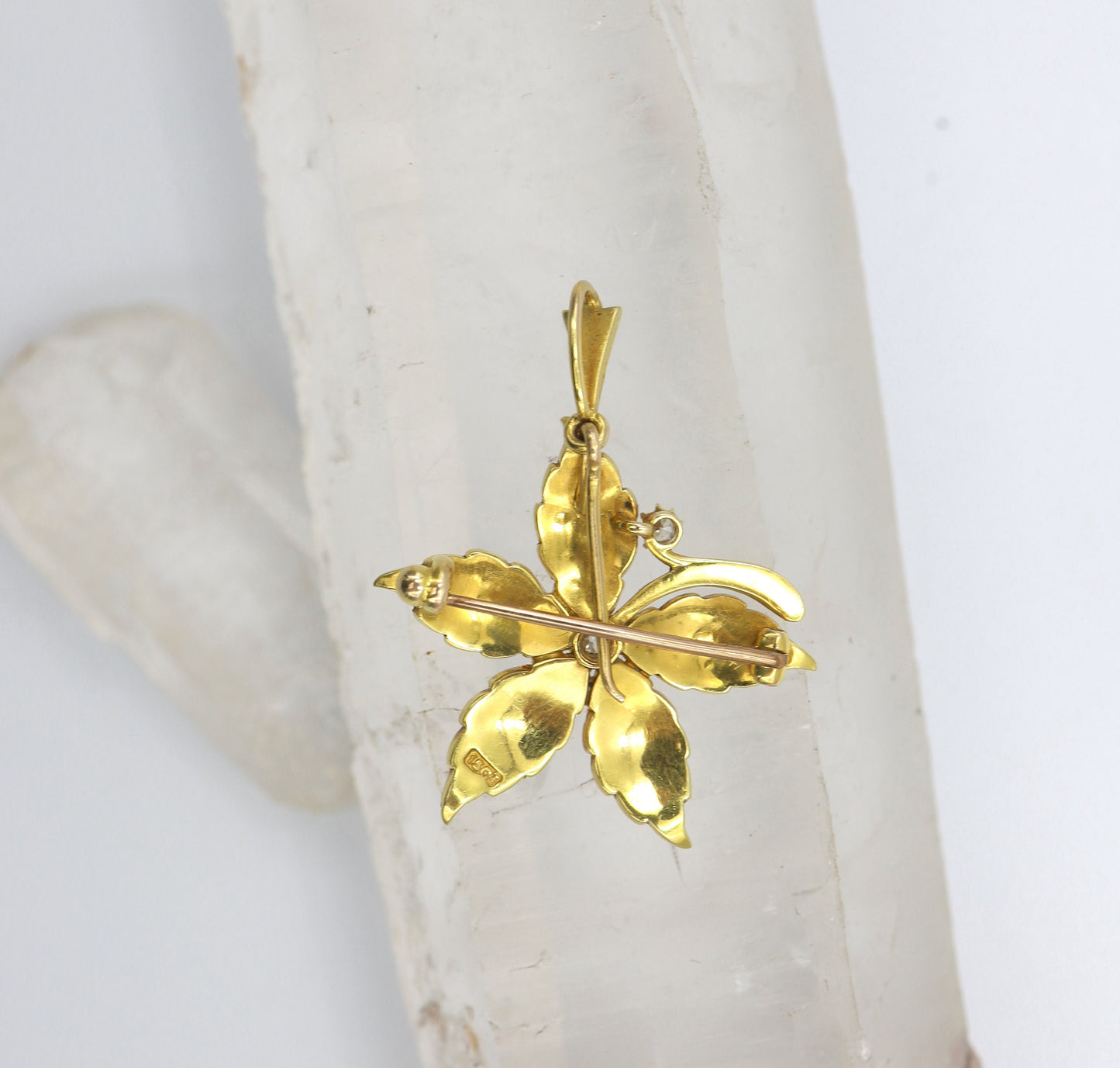 Victorian Diamond & Pearl Pendant / Pendant Brooch in 15k Yellow Gold Flower Pendant - DK585