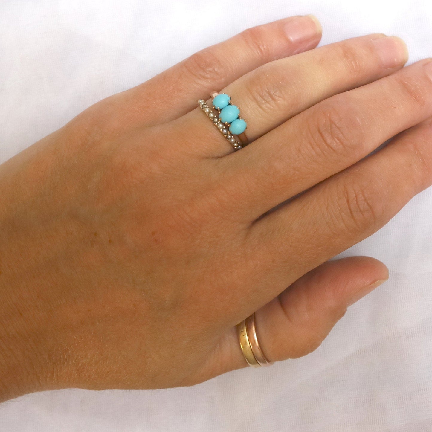 Victorian Turquoise Three Stone Ring in 14k Rose Gold - JL1568