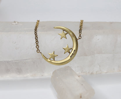 Large Antique Victorian Crescent Moon and Star Necklace in 14k Yellow Gold - JL778