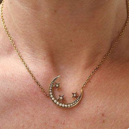 Large Antique Victorian Crescent Moon and Star Necklace in 14k Yellow Gold - JL778