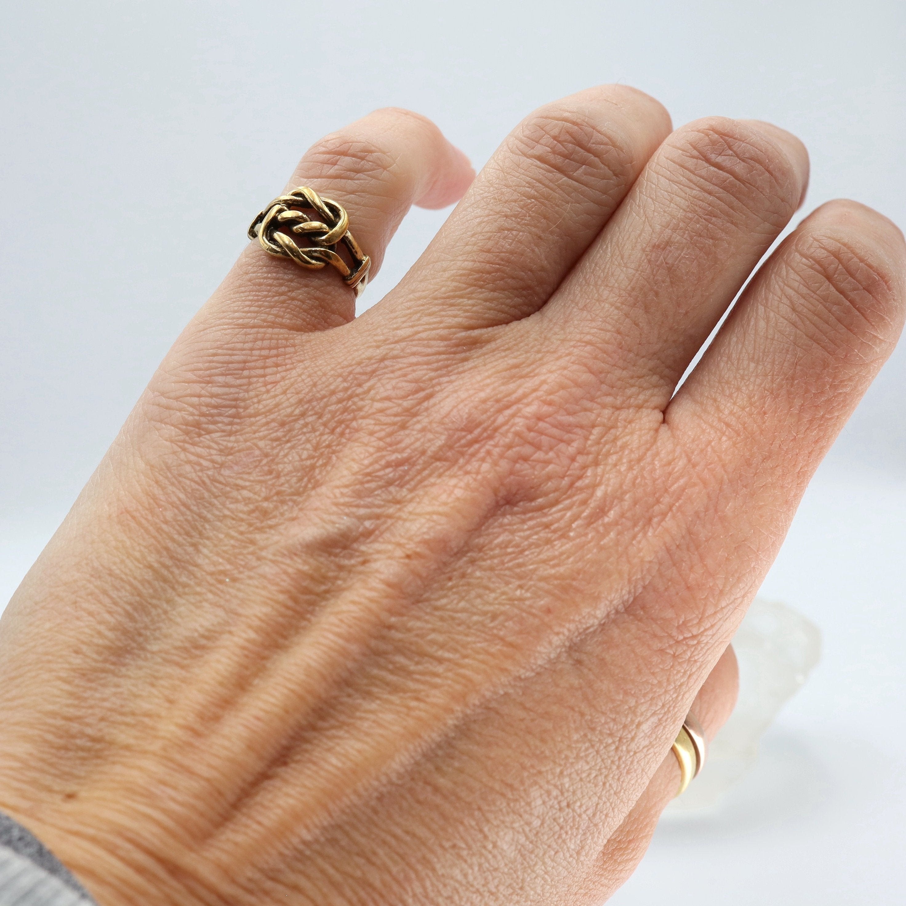 Vintage 9K gold lovers knot ring with hallmarked 1976, English vintage love knot band, intricate design by The Vintage Vault