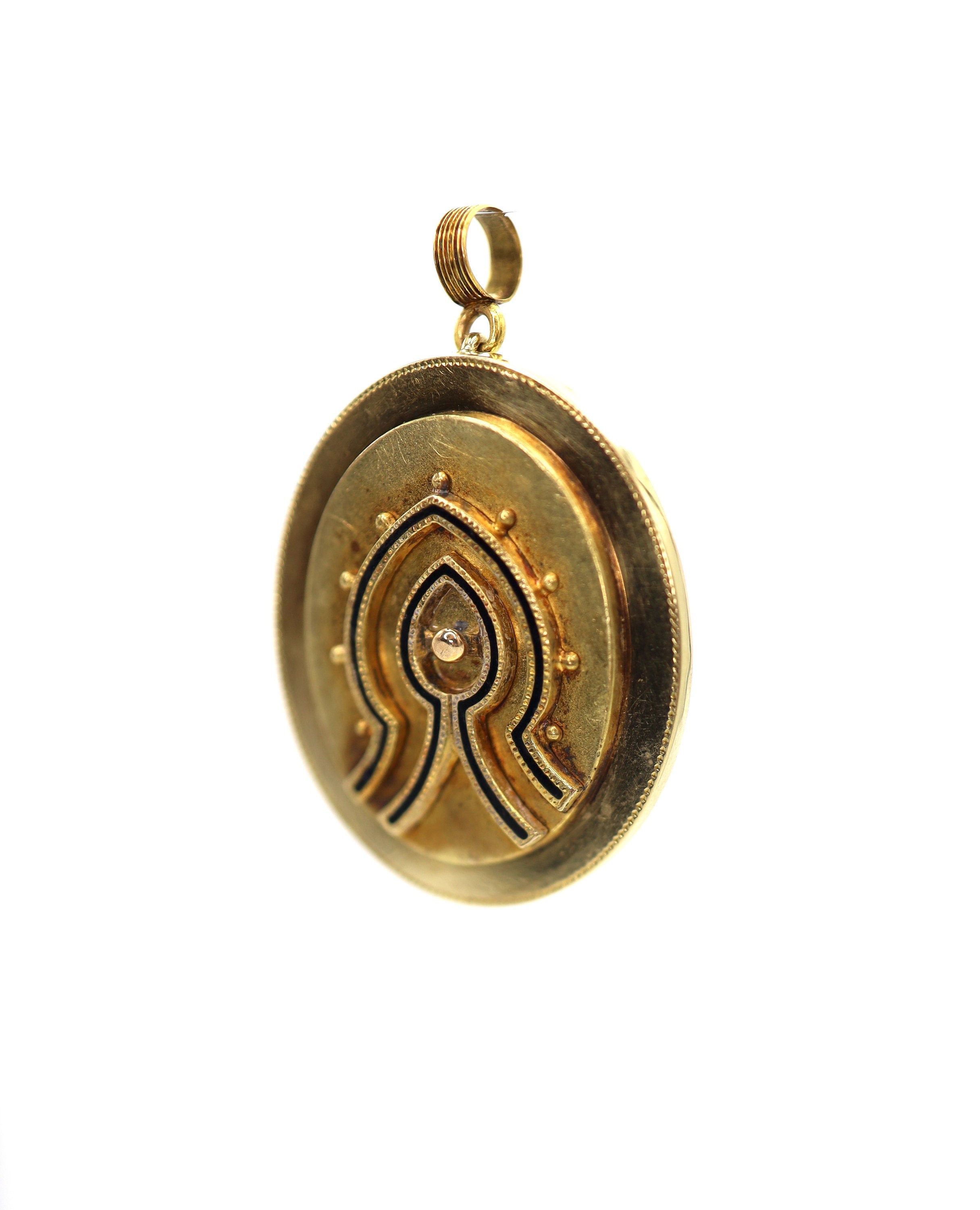 Large 14k Victorian Etruscan Revival pendant featuring intricate gold filigree and vintage design details.