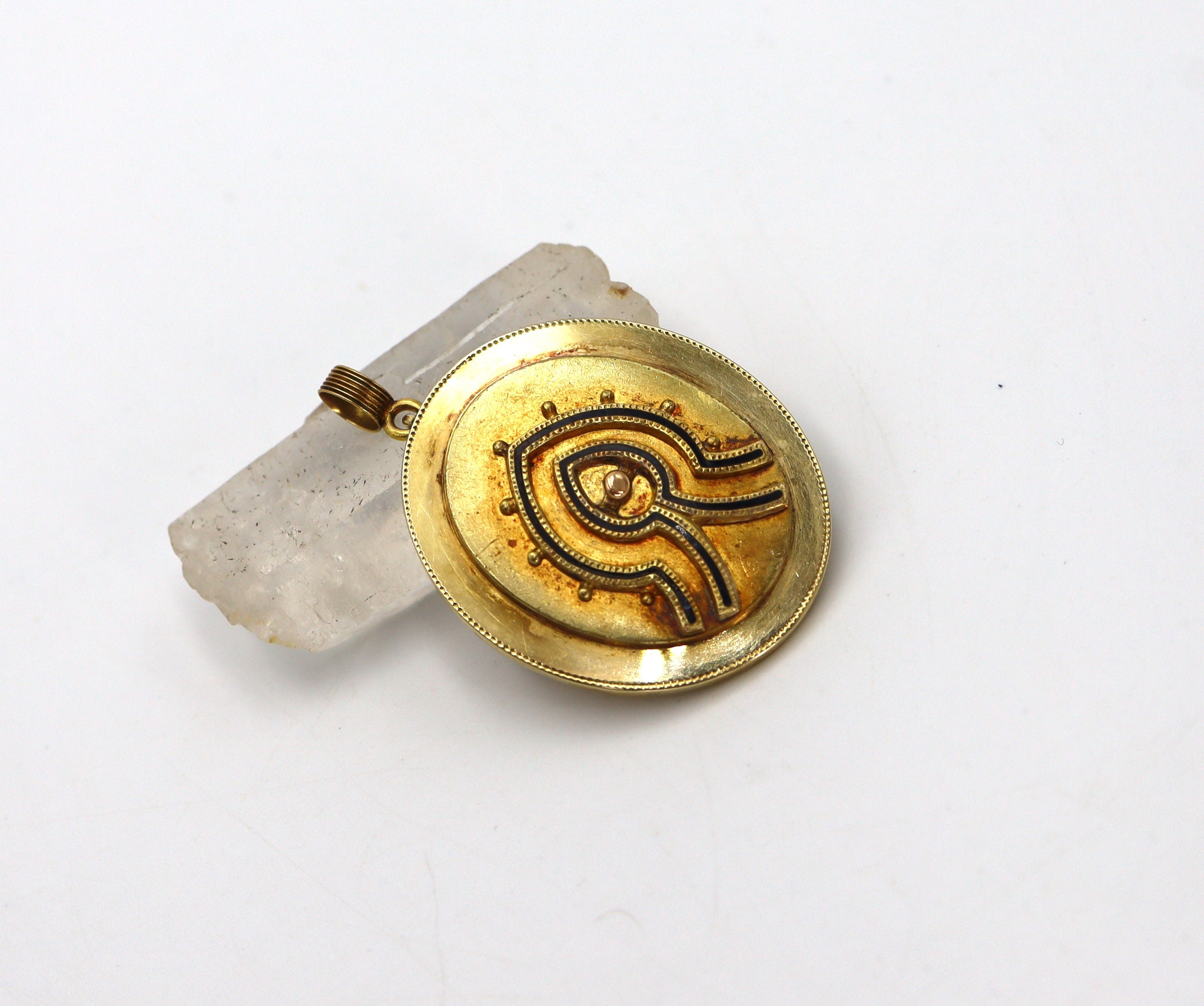 Large 14k Victorian Etruscan Revival pendant with intricate gold detailing, vintage pendant jewelry showcasing historical design.