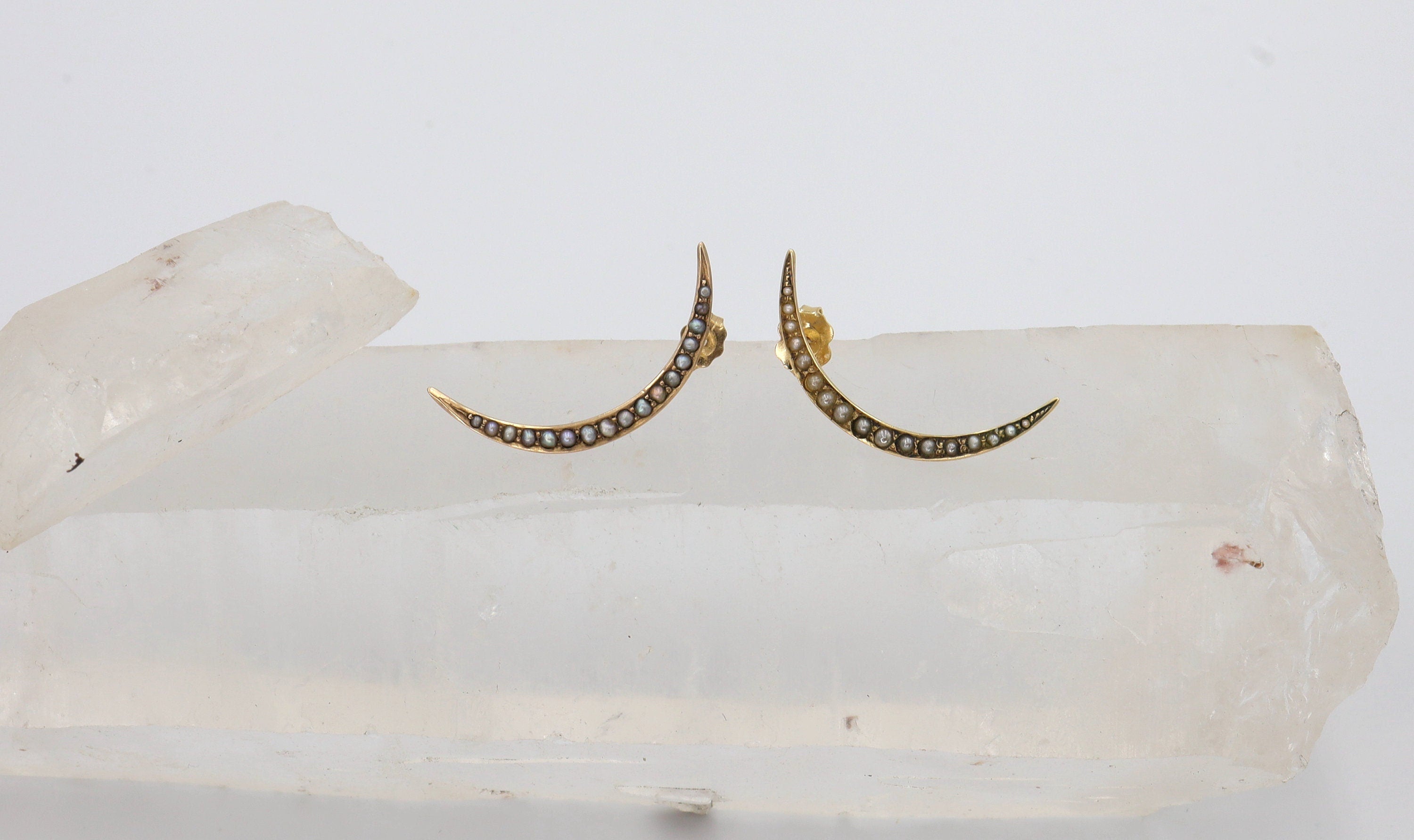 Victorian Crescent Moon Pearl Stud Earrings in 10k yellow gold featuring elegant pearl accents on gold posts