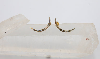 Victorian Crescent Moon Pearl Stud Earrings in 10k Yellow Gold- JL864