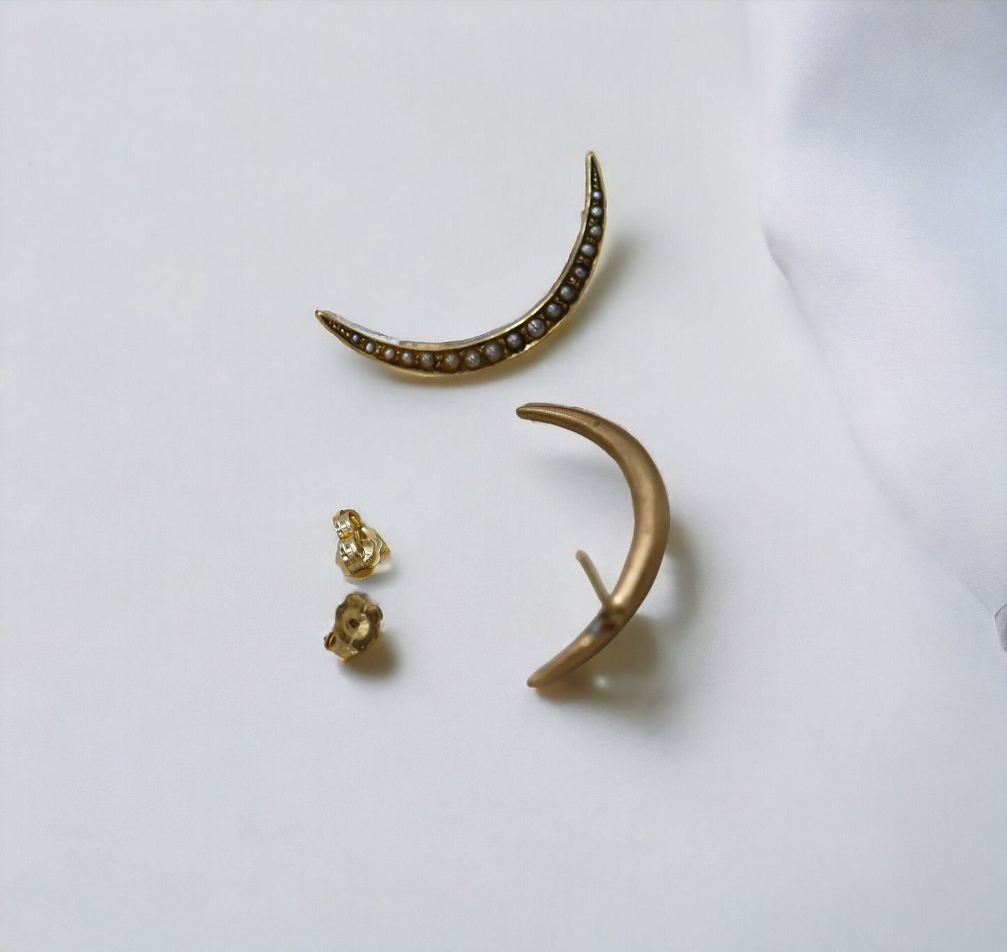 Victorian Crescent Moon Pearl Stud Earrings in 10k Yellow Gold- JL864