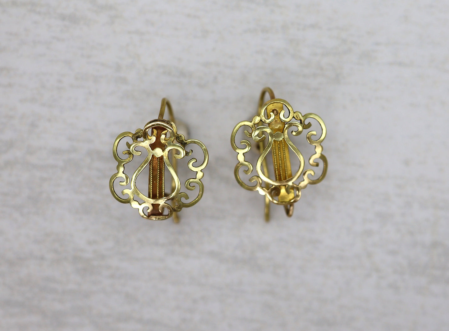 Fabulous Day and Night Georgian Lyre Torpedo Earrings 14k Yellow Gold - DK747