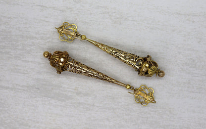 Fabulous Day and Night Georgian Lyre Torpedo Earrings 14k Yellow Gold - DK747