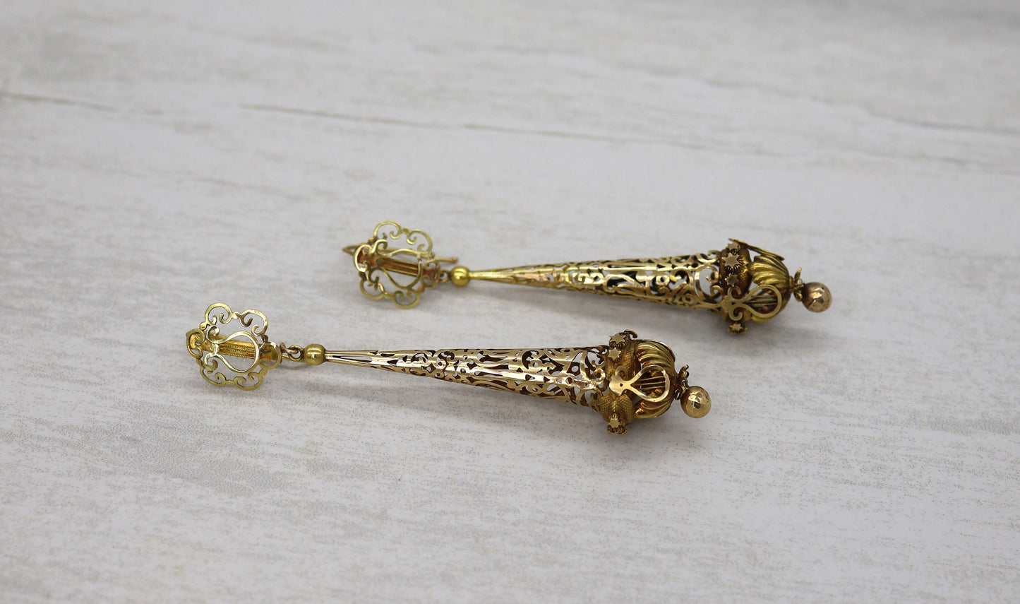 Fabulous Day and Night Georgian Lyre Torpedo Earrings 14k Yellow Gold - DK747