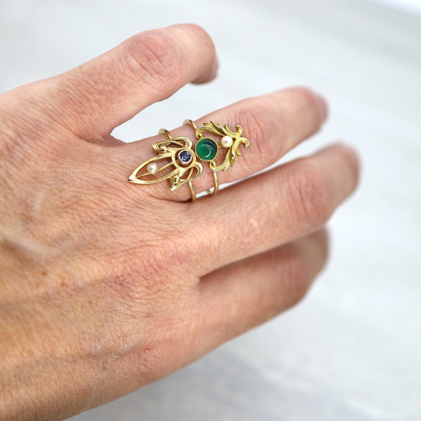 Art Nouveau Chrysoprase & Pearl Ring in 14k Yellow Gold - DK726