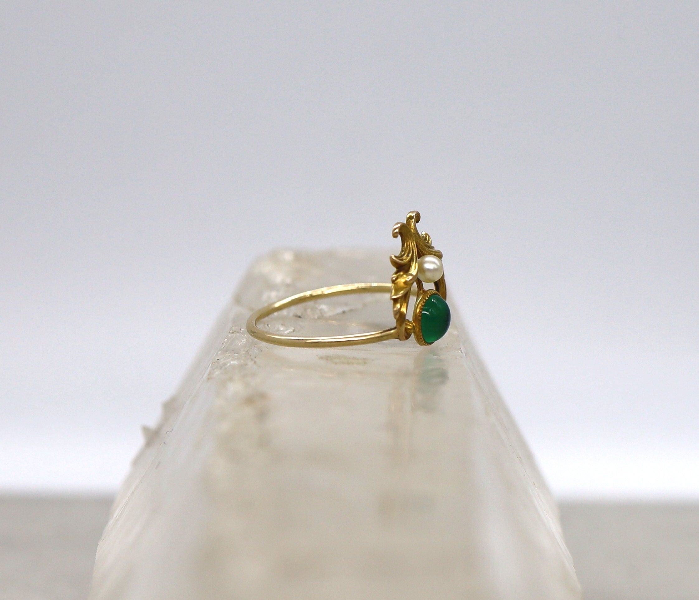 Art Nouveau Chrysoprase & Pearl Ring in 14k Yellow Gold - DK726 - Petra Star