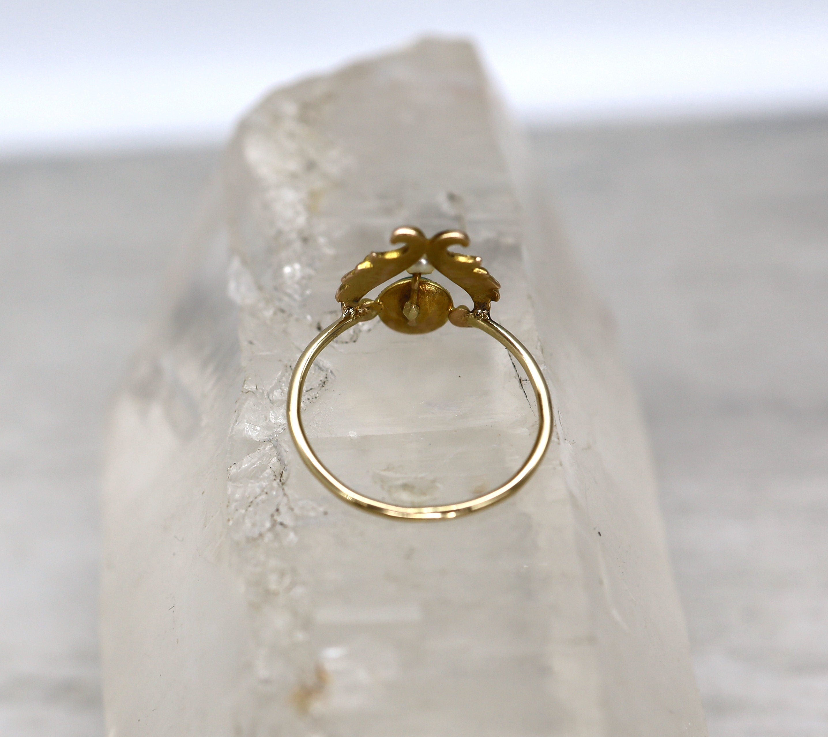 Art Nouveau Chrysoprase & Pearl Ring in 14k Yellow Gold - DK726 - Petra Star