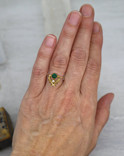 Art Nouveau Chrysoprase & Pearl Ring in 14k Yellow Gold - DK726