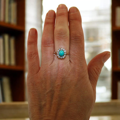 Victorian Turquoise and Diamond Halo Cocktail Ring in 14k Yellow Gold - CG100