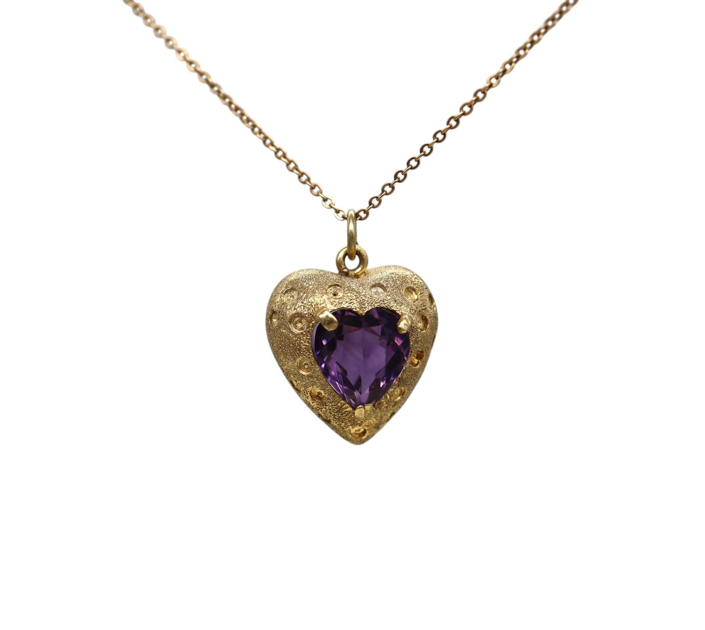 Mid Century 14K Gold Amethyst Puffy Heart Pendant - DK727