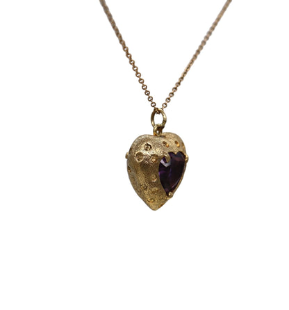 Mid Century 14K Gold Amethyst Puffy Heart Pendant - DK727