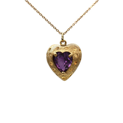 Mid Century 14K Gold Amethyst Puffy Heart Pendant - DK727