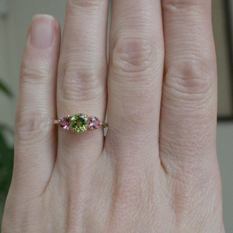 Vibrant Pastel Colors Classic Three Stone Engagement Ring with Peridot and Pink Tourmaline - BB1006C