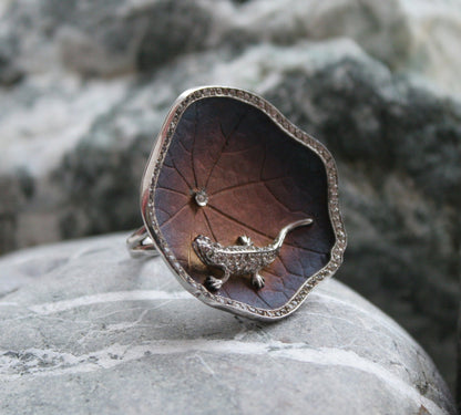 Blackened Oxidized Silver Lizard Ring on Petal with White Sapphire Micropave Edge -  XS711R-LL