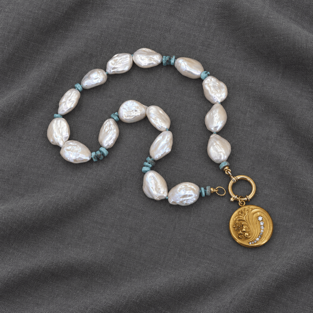 Keshi Pearl & Larimar Necklace with Gold-Filled Charm Holder, 20" - Petra StarNecklace