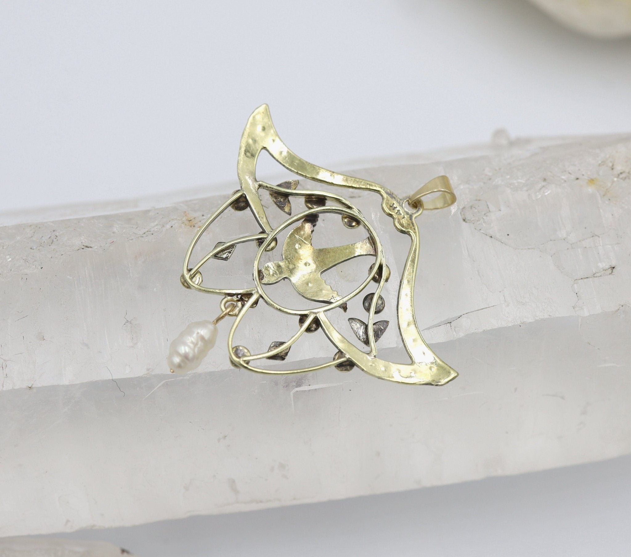 Large 14k Gold Victorian Lavalier Pearl Pendant with Bird - Petra Star