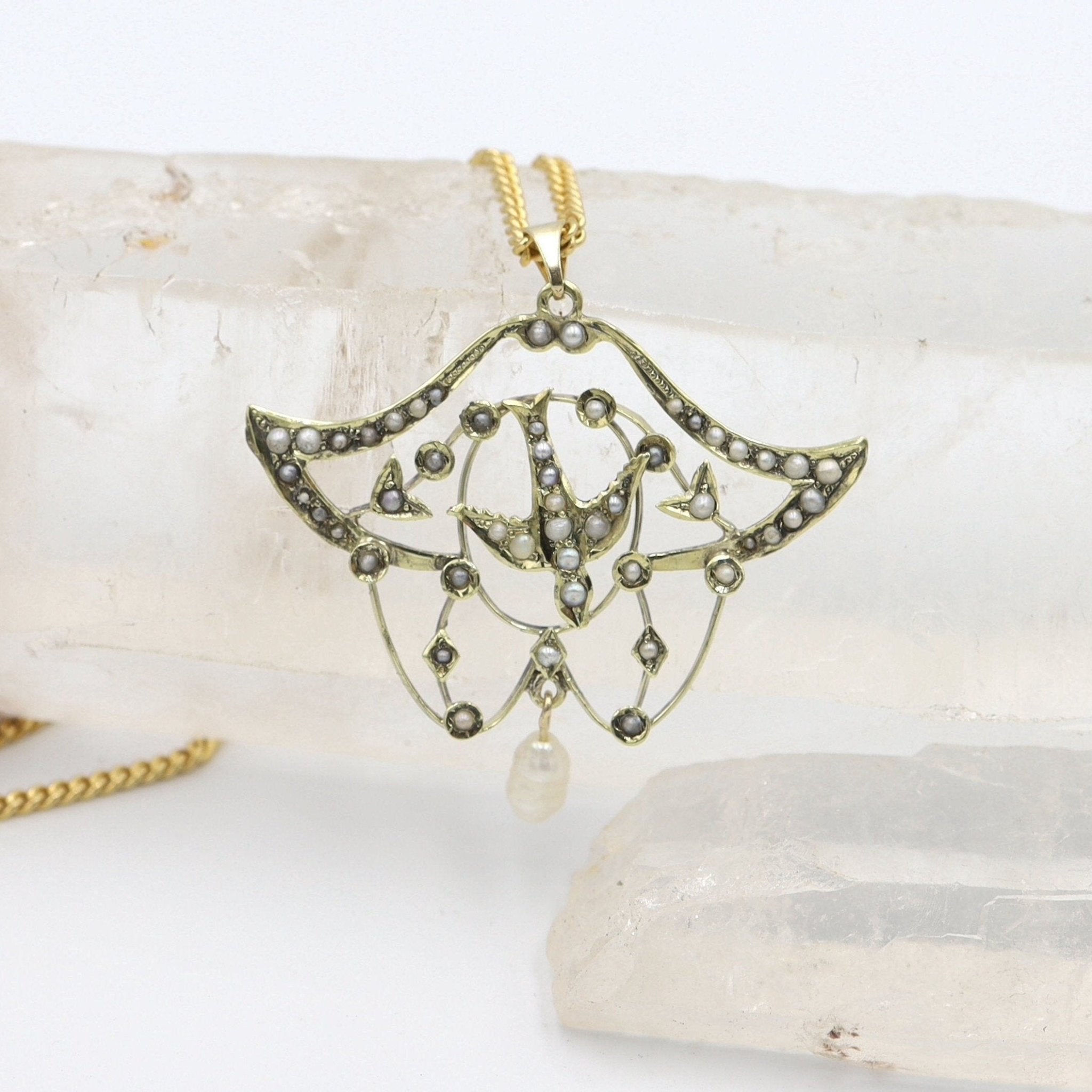 Large 14k Gold Victorian Lavalier Pearl Pendant with Bird - Petra Star