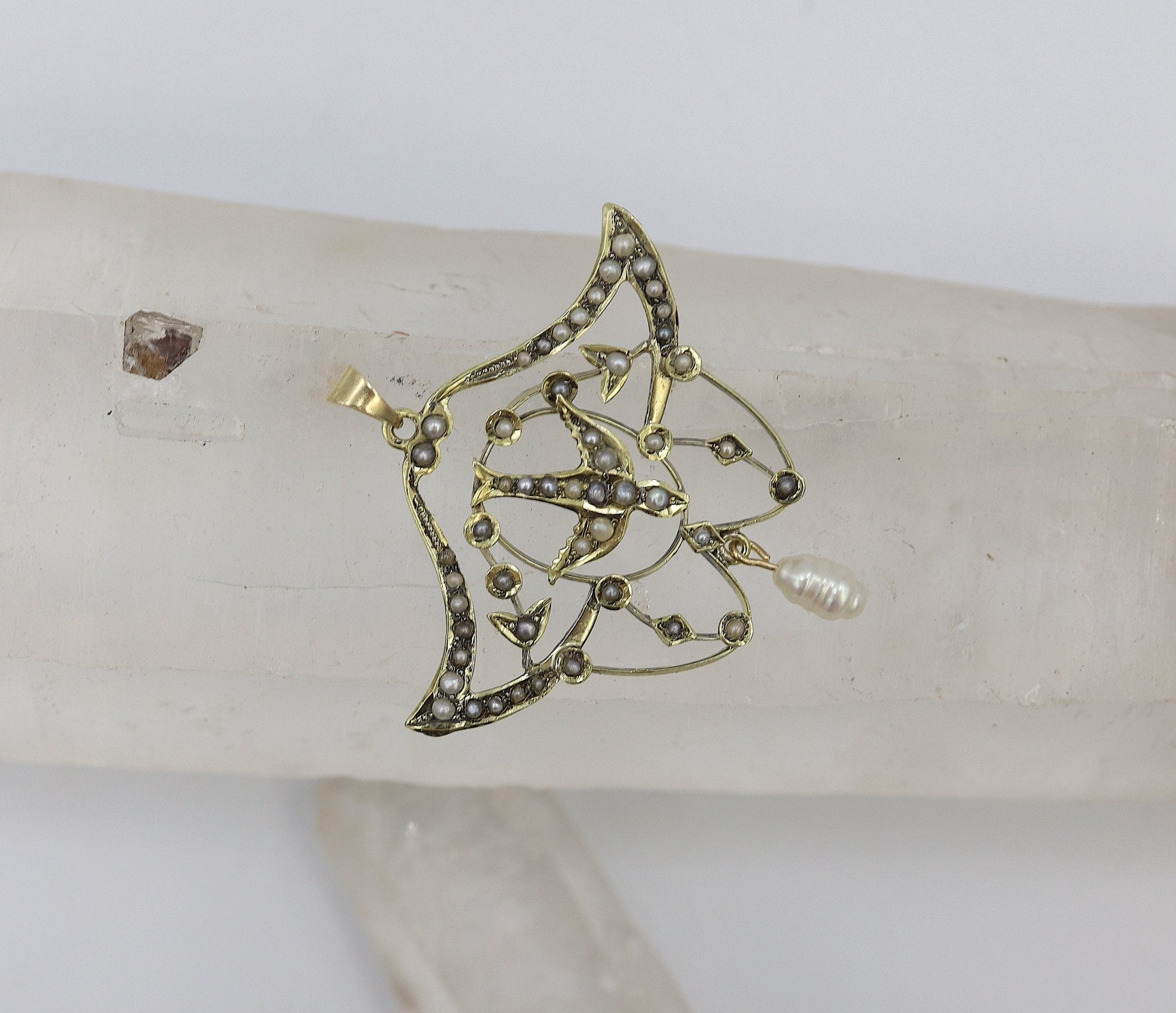 Large 14k Gold Victorian Lavalier Pearl Pendant with Bird - Petra Star