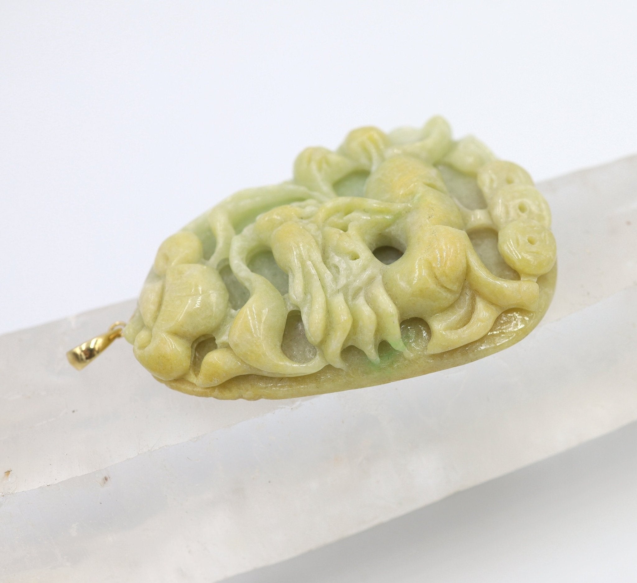 Large Carved Dragon Jade Pendant with 14k Yellow Gold Bail - JL1018 - Petra Star