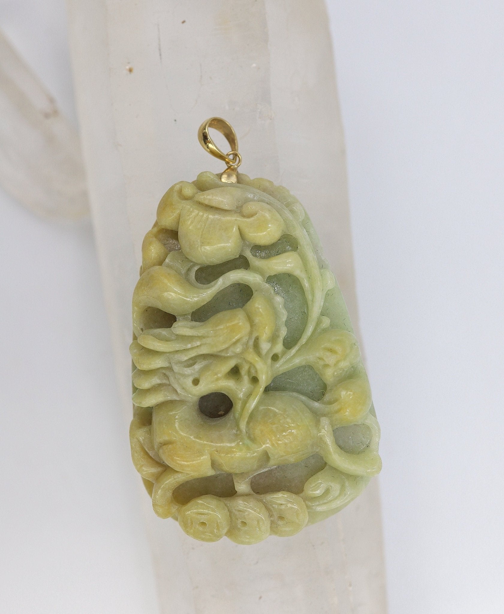 Large Carved Dragon Jade Pendant with 14k Yellow Gold Bail - JL1018 - Petra Star